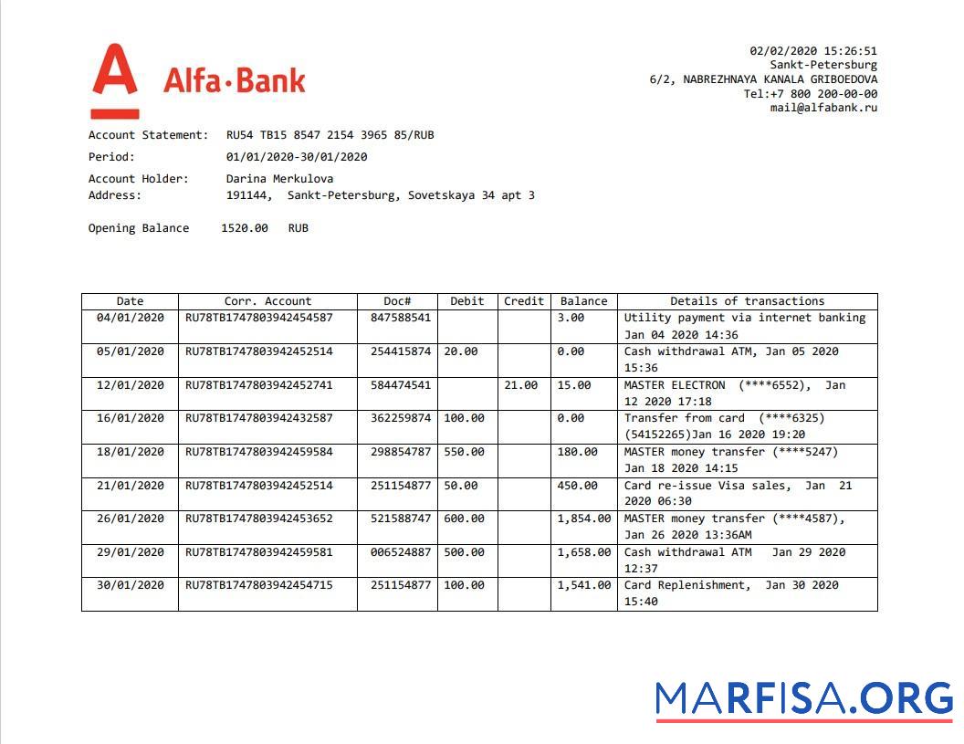 Blank Russia Alfa bank proof of address statement word example